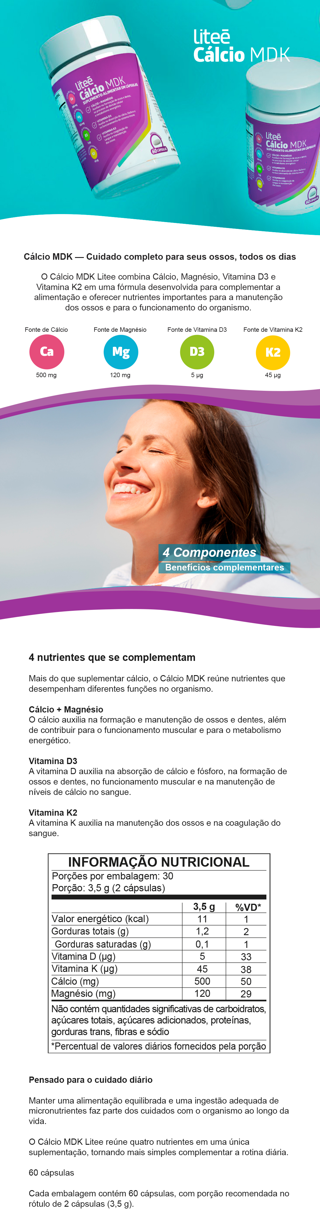 Cálcio MDK — Cuidado completo para seus ossos, todos os dias O Cálcio MDK Litee combina Cálcio, Magnésio, Vitamina D3 e Vitamina K2 em uma fórmula desenvolvida para complementar a alimentação e oferecer nutrientes importantes para a manutenção dos ossos e para o funcionamento do organismo. São 500 mg de cálcio, 120 mg de magnésio, 5 µg de vitamina D3 e 45 µg de vitamina K2 por porção de 2 cápsulas. 4 nutrientes que se complementam Mais do que suplementar cálcio, o Cálcio MDK reúne nutrientes que desempenham diferentes funções no organismo. Cálcio + Magnésio O cálcio auxilia na formação e manutenção de ossos e dentes, além de contribuir para o funcionamento muscular e para o metabolismo energético. Vitamina D3 A vitamina D auxilia na absorção de cálcio e fósforo, na formação de ossos e dentes, no funcionamento muscular e na manutenção de níveis de cálcio no sangue. Vitamina K2 A vitamina K auxilia na manutenção dos ossos e na coagulação do sangue. Pensado para o cuidado diário Manter uma alimentação equilibrada e uma ingestão adequada de micronutrientes faz parte dos cuidados com o organismo ao longo da vida. O Cálcio MDK Litee reúne quatro nutrientes em uma única suplementação, tornando mais simples complementar a rotina diária. 60 cápsulas Cada embalagem contém 60 cápsulas, com porção recomendada no rótulo de 2 cápsulas (3,5 g).